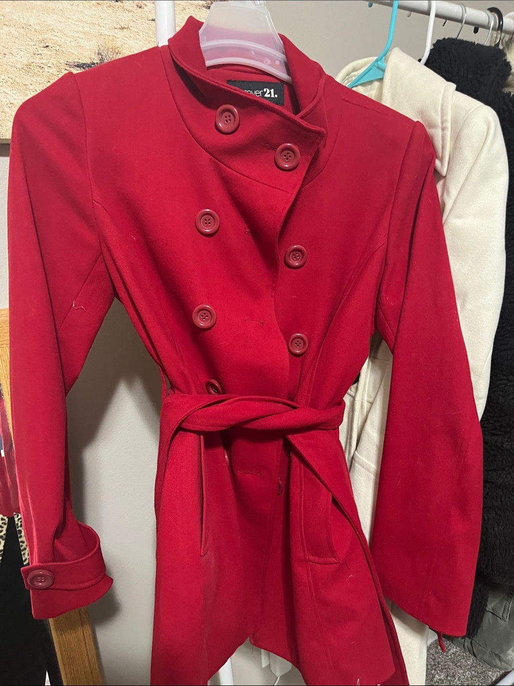 Forever 21 Women's Red Double-Breasted Trench Coat with Belt